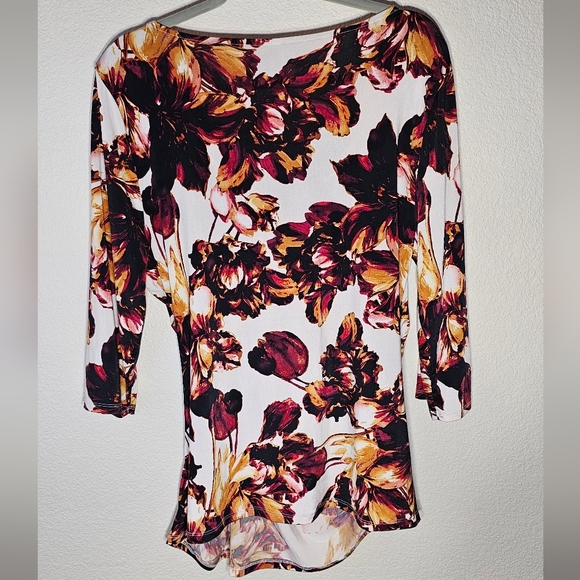 Worthington Ruched Floral Stretch 3/4 sleeve top w/ Cowl Neckline Blouse - Picture 3 of 5